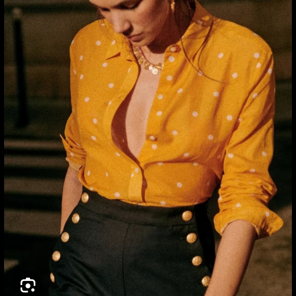 Sezane Orange Polka Dot Button-Down Shirt